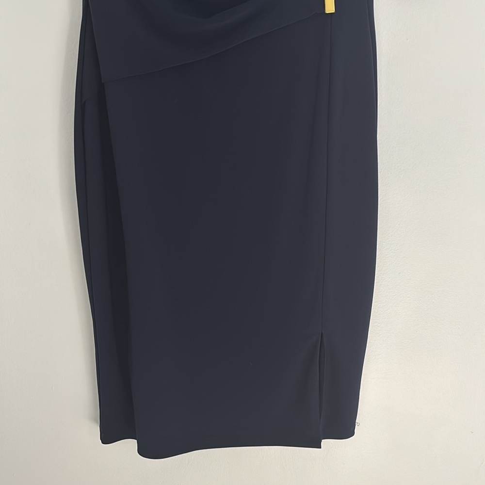 Lauren Ralph Lauren Deep Navy Blue Midi Sheath Dress with V-neck and Cap Sleeves - Picture 7 of 8